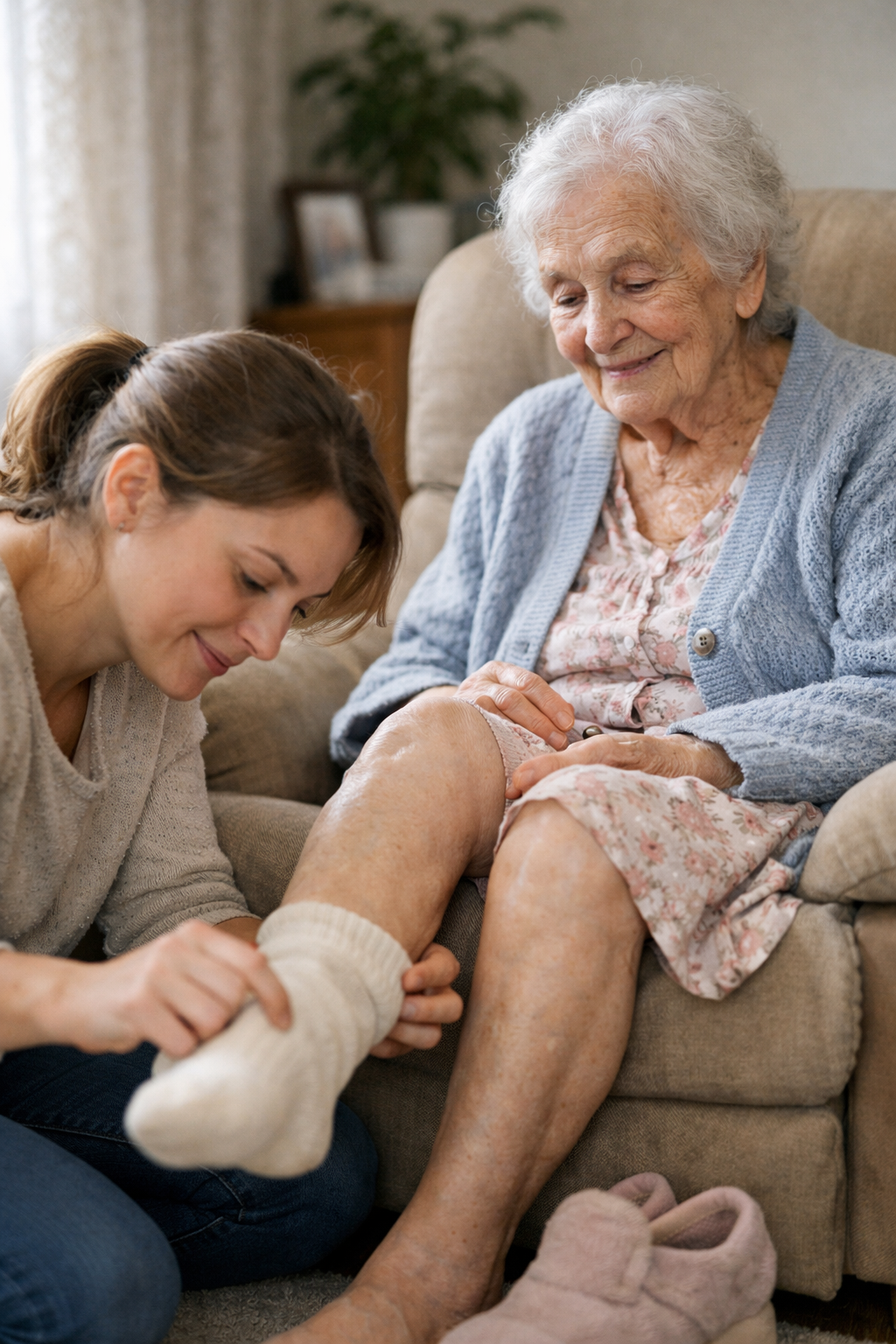 Senior with caregiver walking in NYC illustrating the importance of foot care for mobility