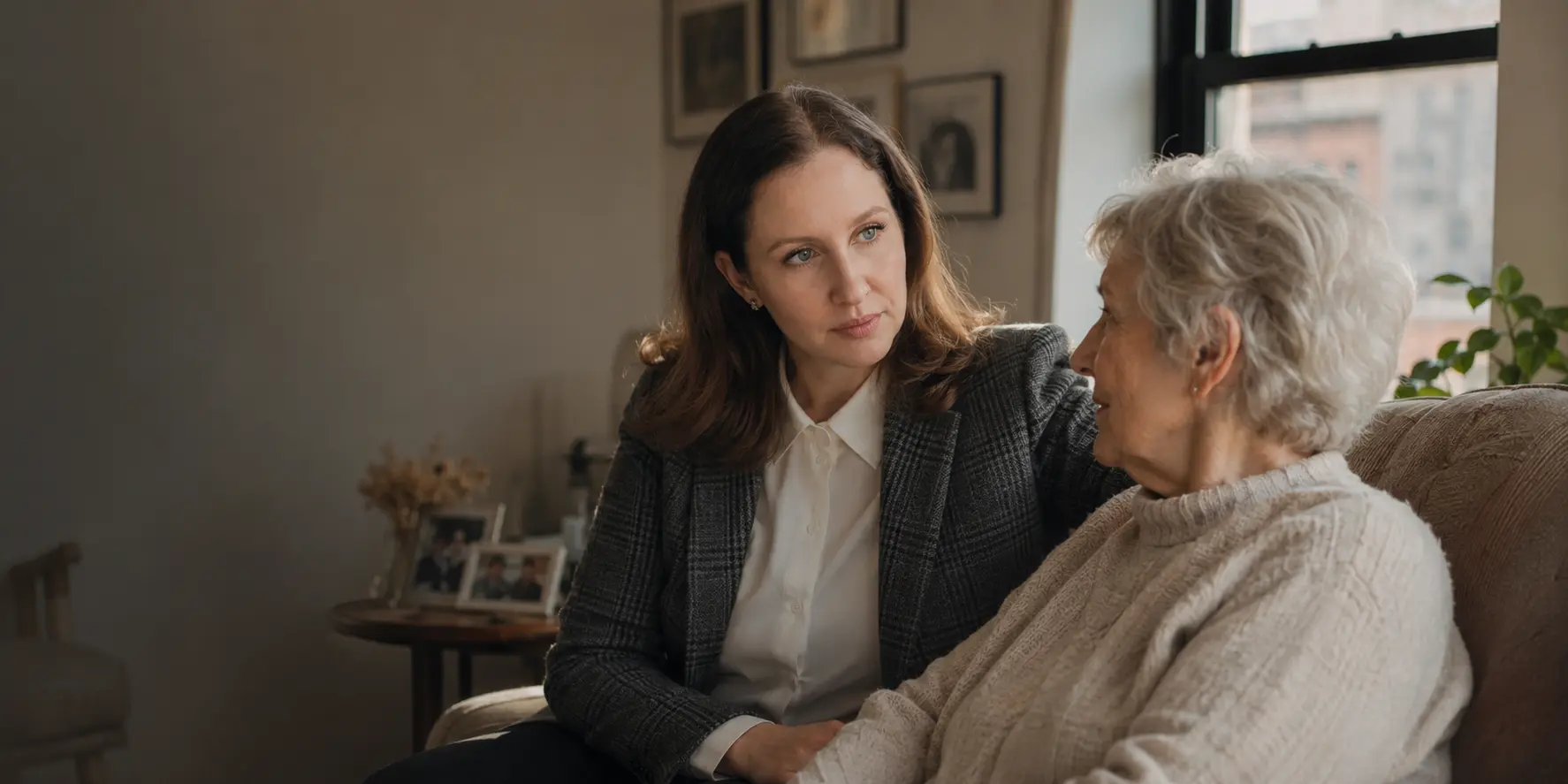 Anna Klyauzova, registered nurse at ProLife Home Care, sitting with an older client in her New York City living room