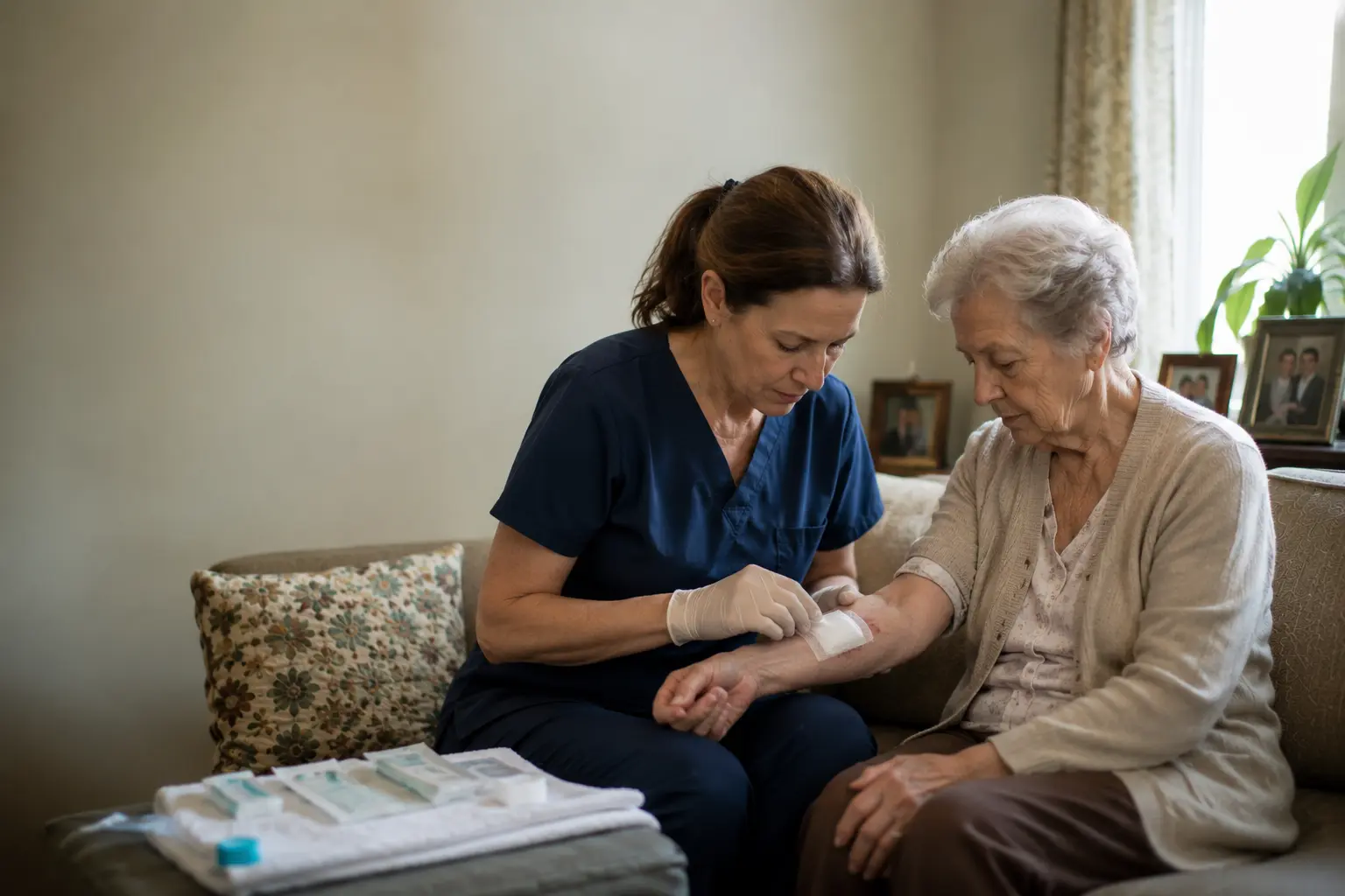 Private duty nurse changing a dressing at home in Brooklyn, New York