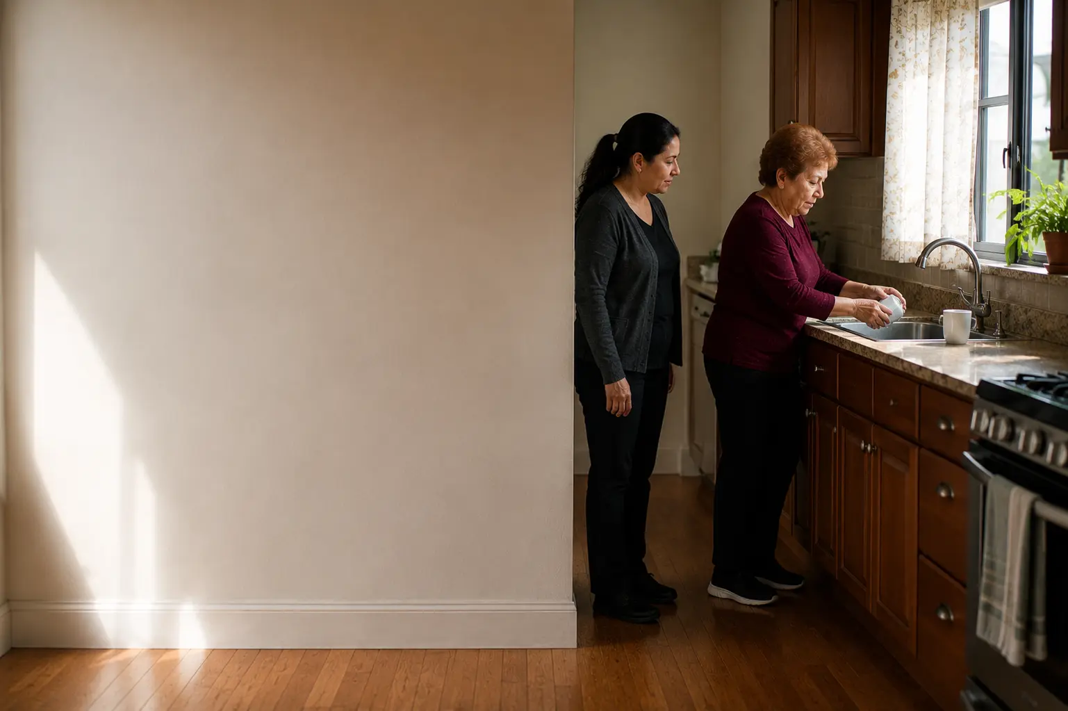 An occupational therapist watching an older woman wash a cup at her kitchen sink in a New York apartment