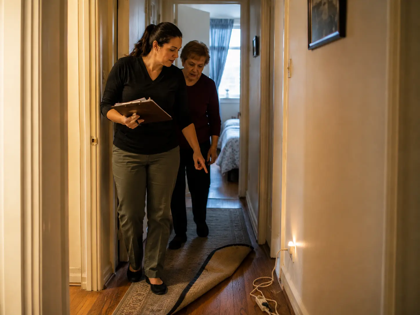 An occupational therapist checking a hallway rug and a trailing cord during a home safety evaluation