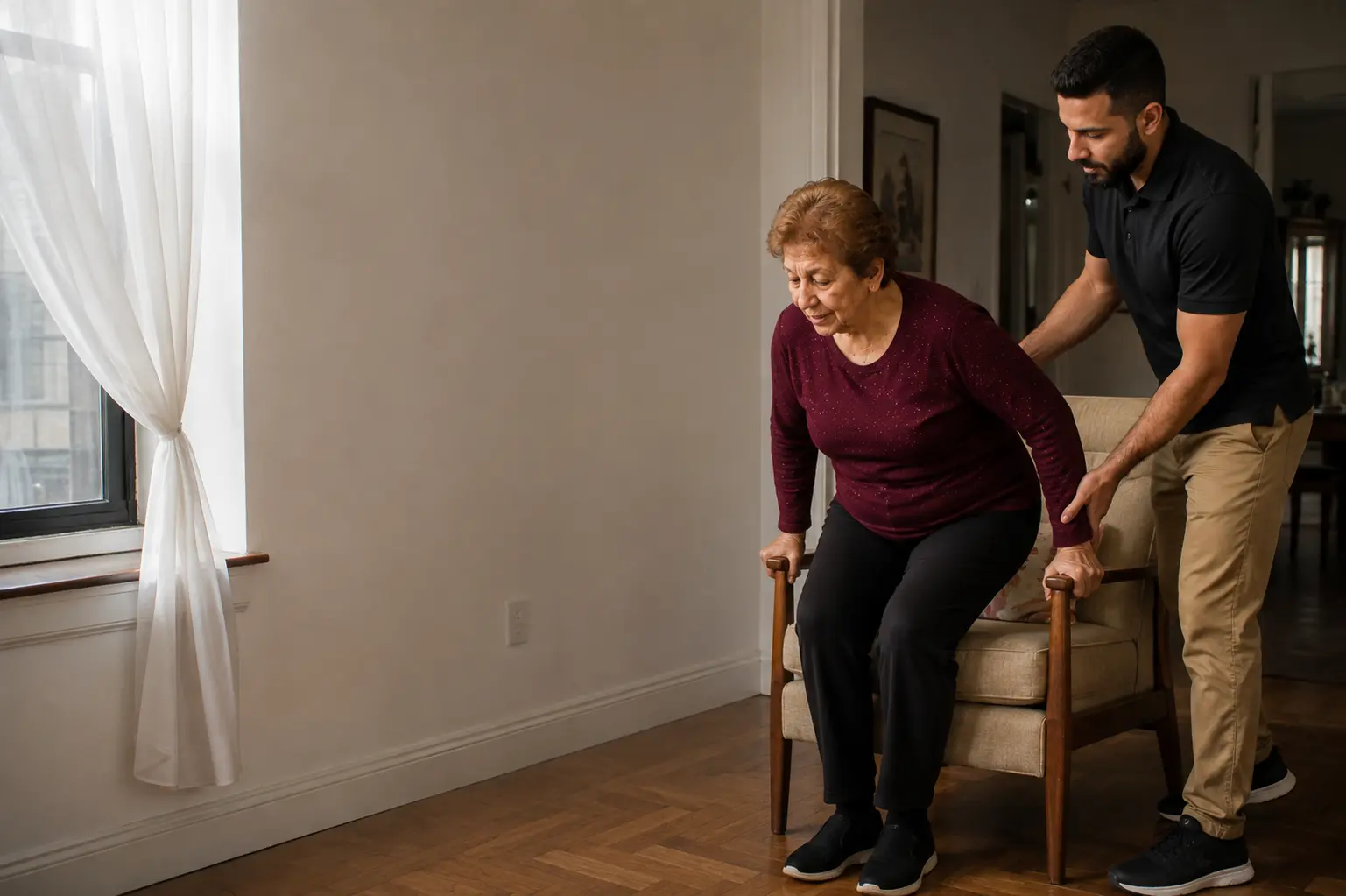 A physical therapist supporting an older woman as she rises from an armchair in her living room in New York City