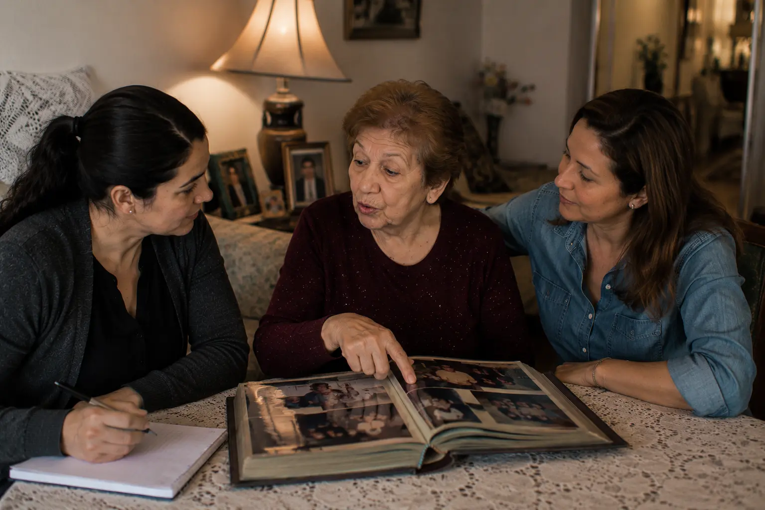 A speech therapist and an older woman looking at a family photo album together, her daughter sitting beside her