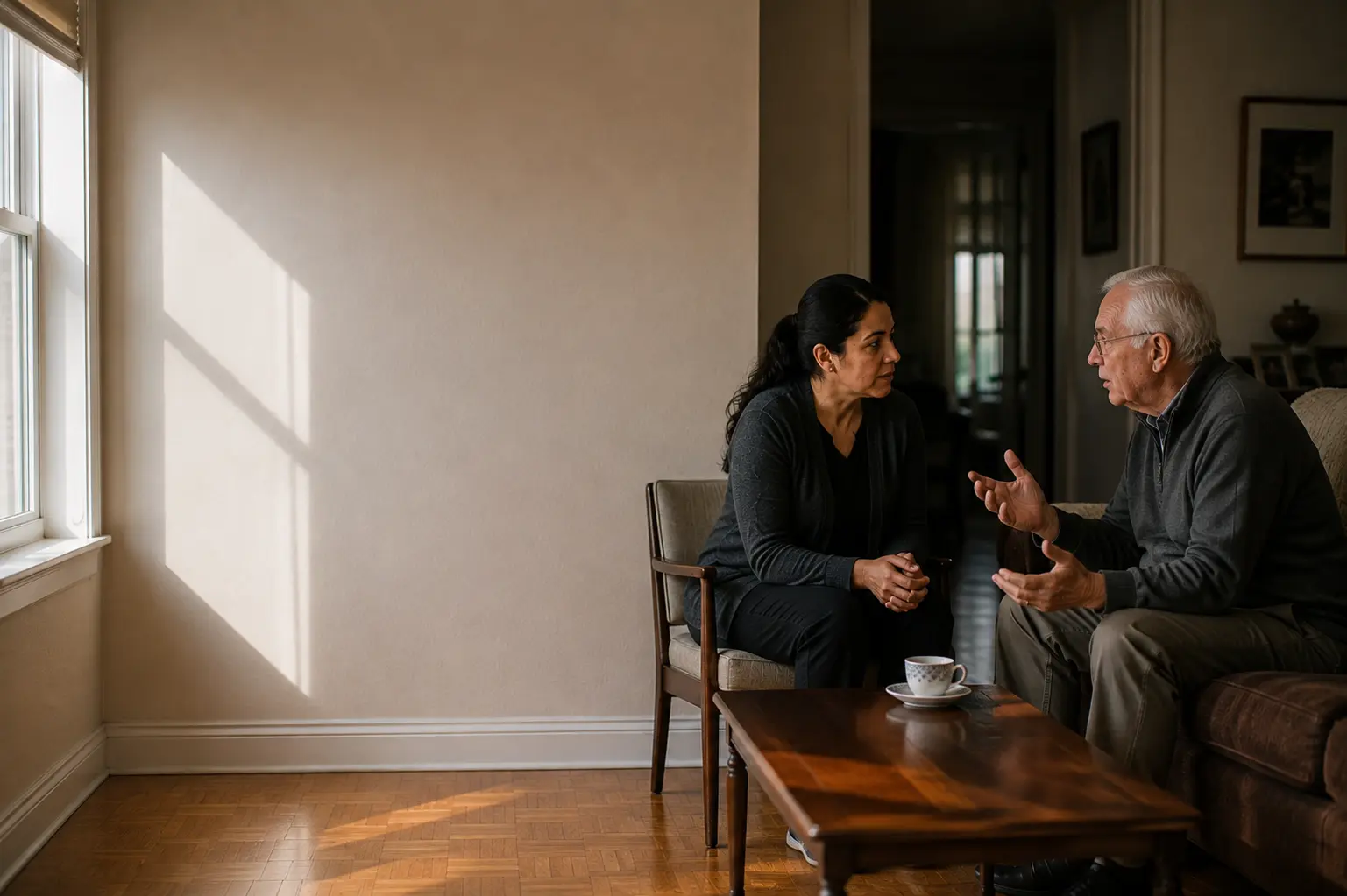 A speech therapist and an older man in conversation over a cup of tea in his New York apartment