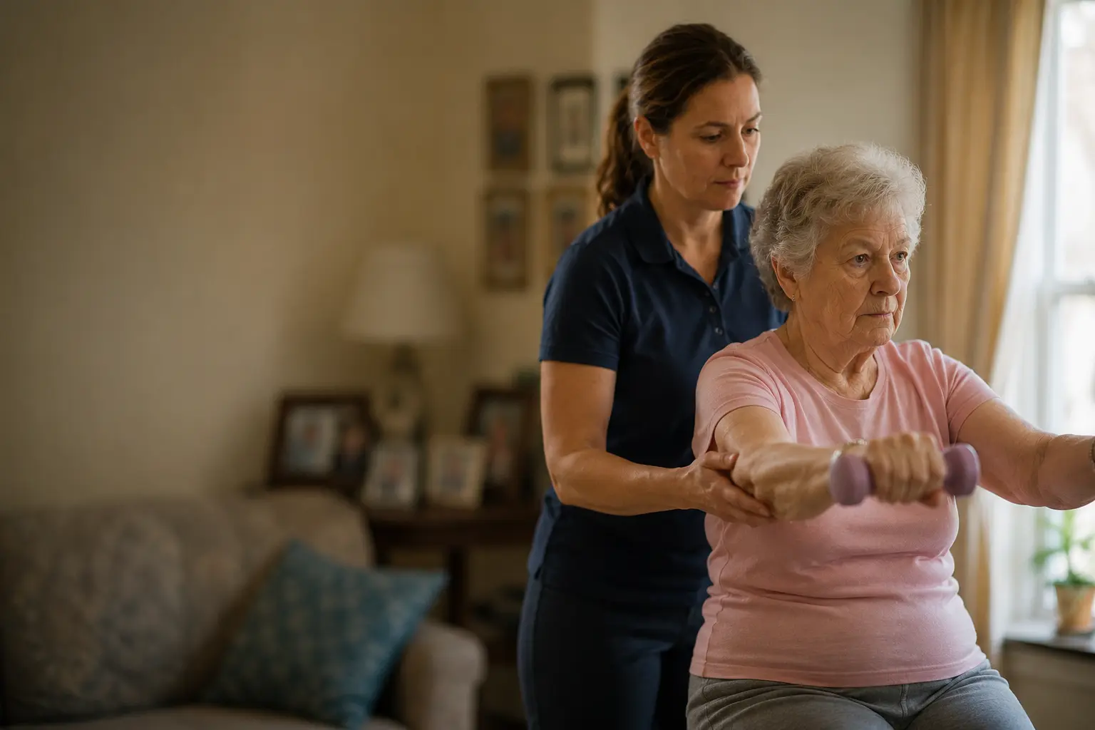 A physical therapist guiding an older woman through a shoulder exercise in her living room in Brooklyn, New York