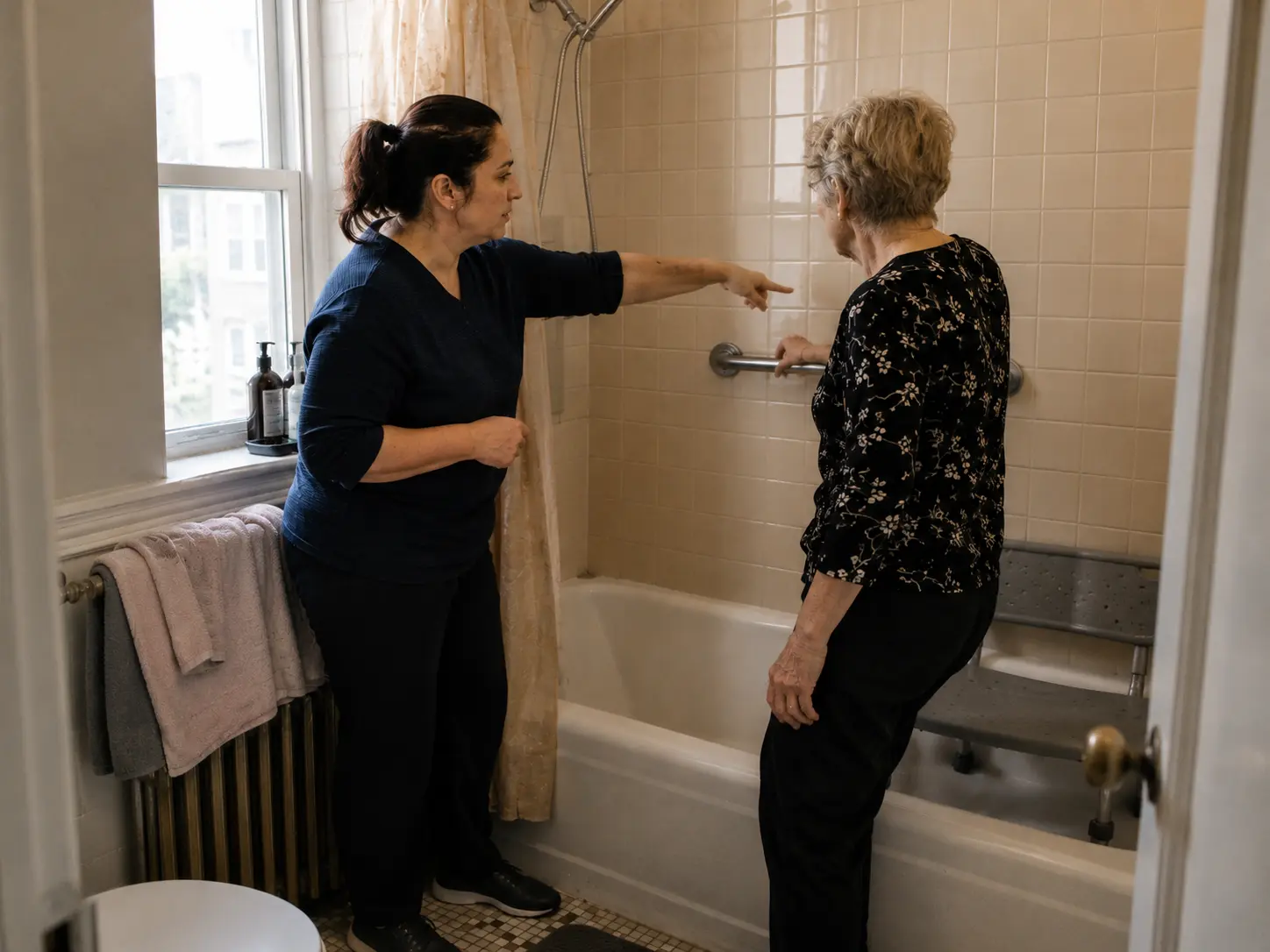An occupational therapist showing an older woman how to use a grab bar by the bathtub