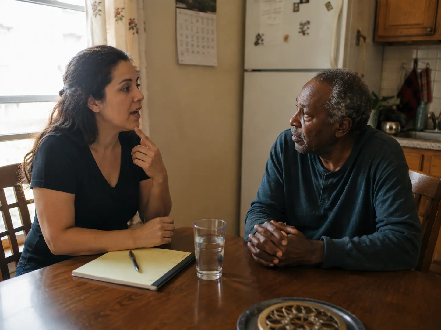 A speech therapist working with an older man at his kitchen table after a stroke