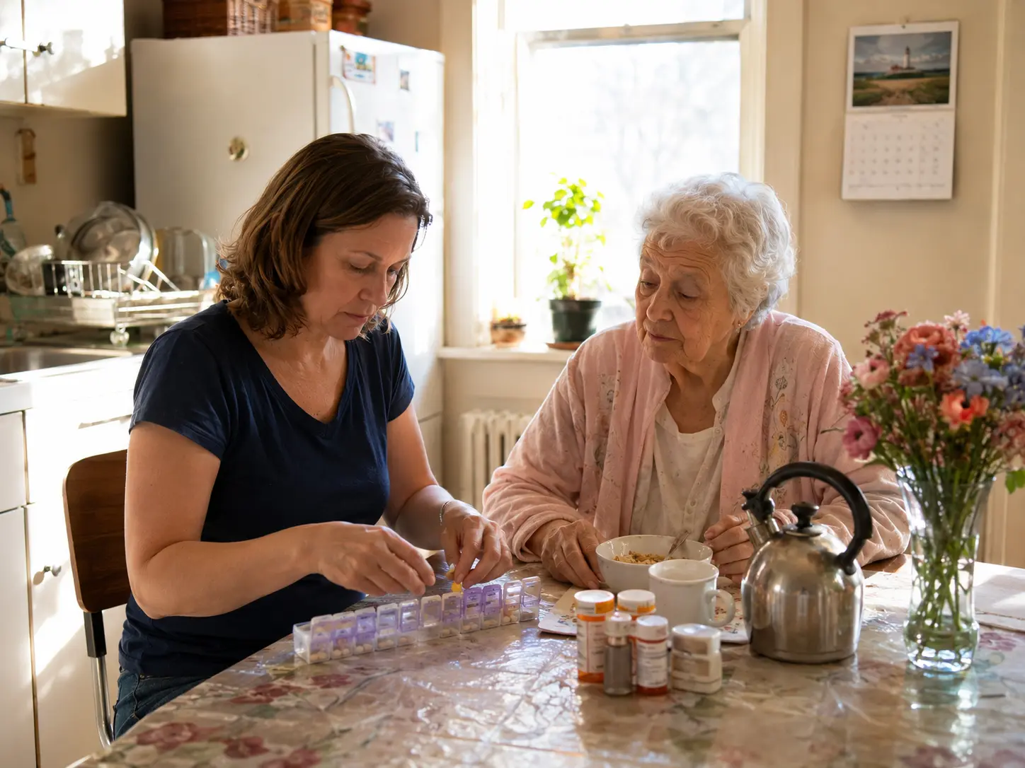 A woman preparing a weekly pill organiser while an older woman has breakfast at a sunlit kitchen table