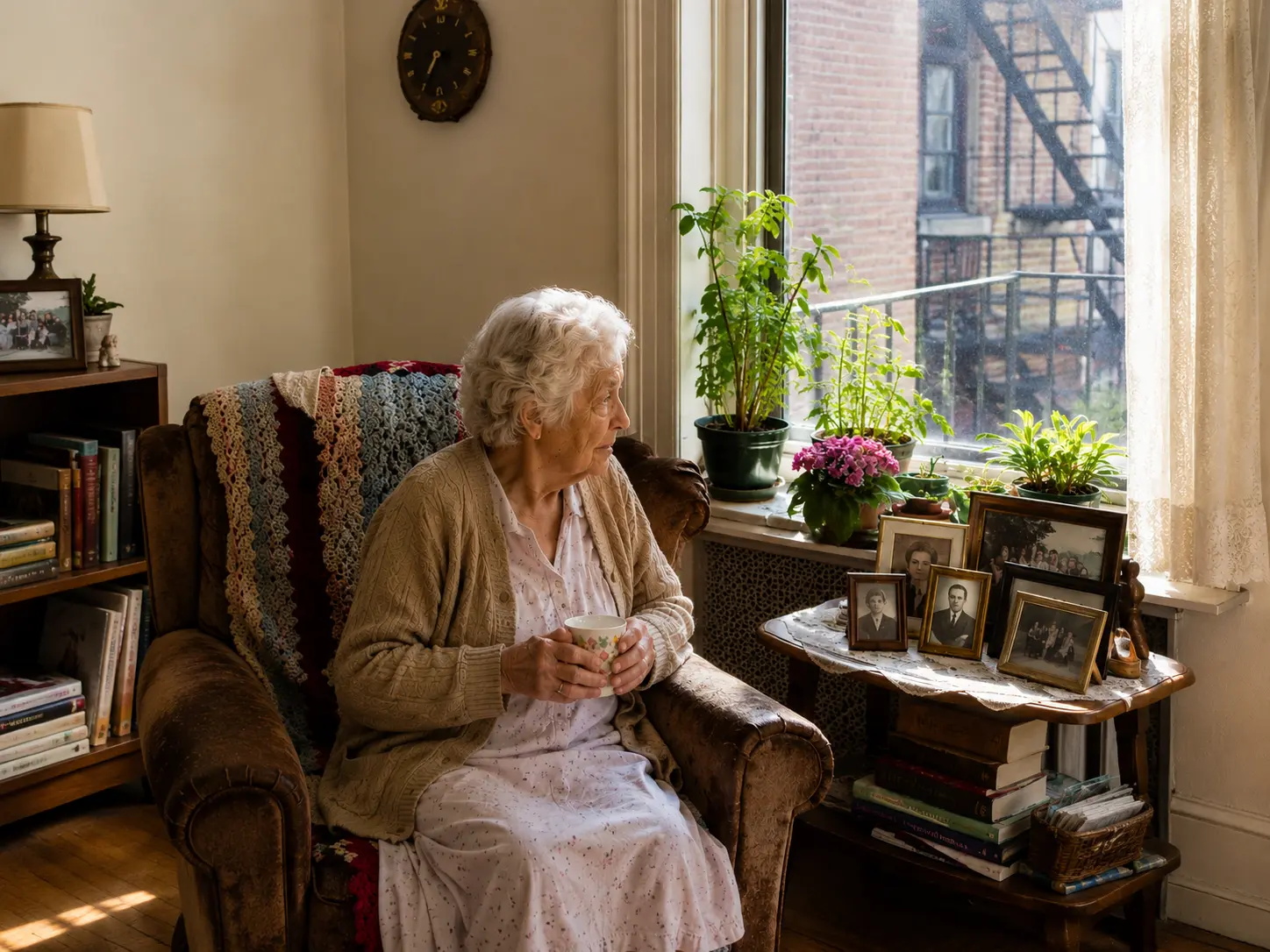 An older woman sitting in her own armchair by a sunlit window in a long-lived-in New York apartment