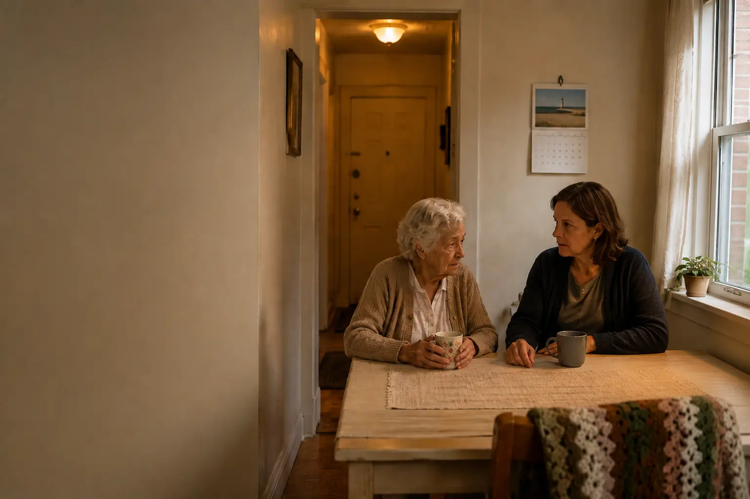An older woman and a companion sitting together with tea at a kitchen table in a Brooklyn apartment in the evening