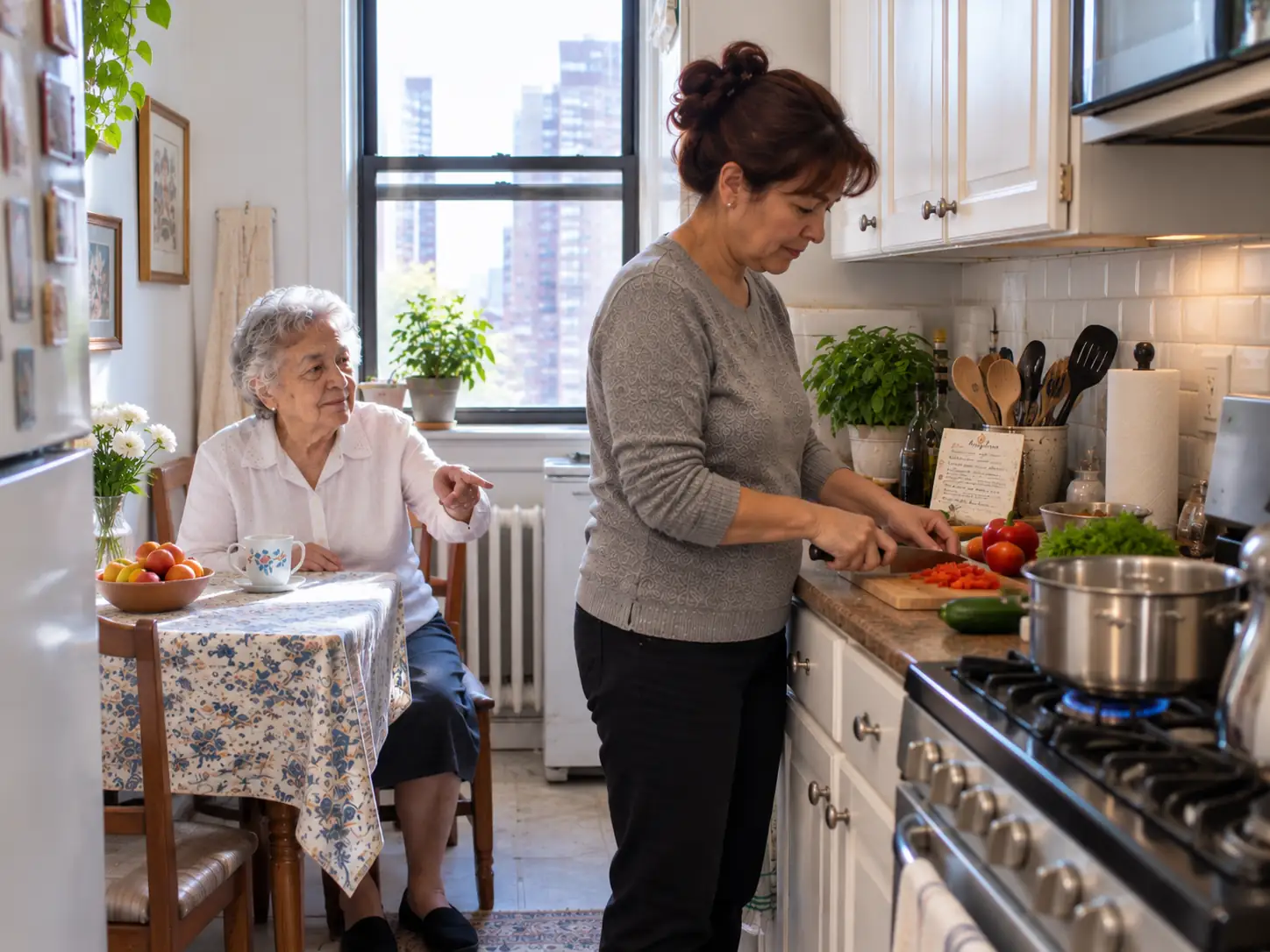A home health aide cooking lunch while the client directs the recipe from her seat at the kitchen table