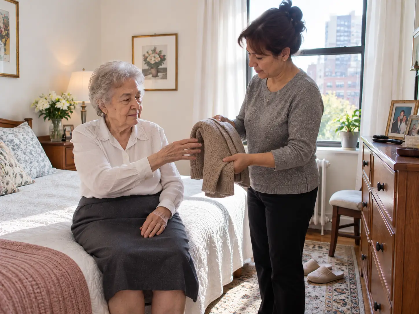 A home health aide holding a cardigan open while an older woman dresses herself at the edge of the bed