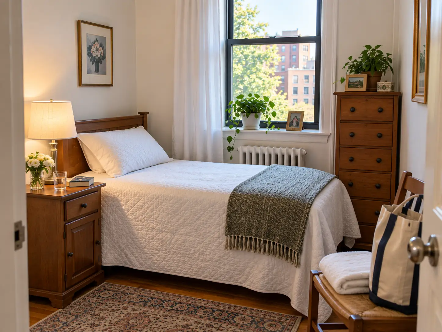 A spare bedroom prepared for a live-in caregiver in a New York City apartment