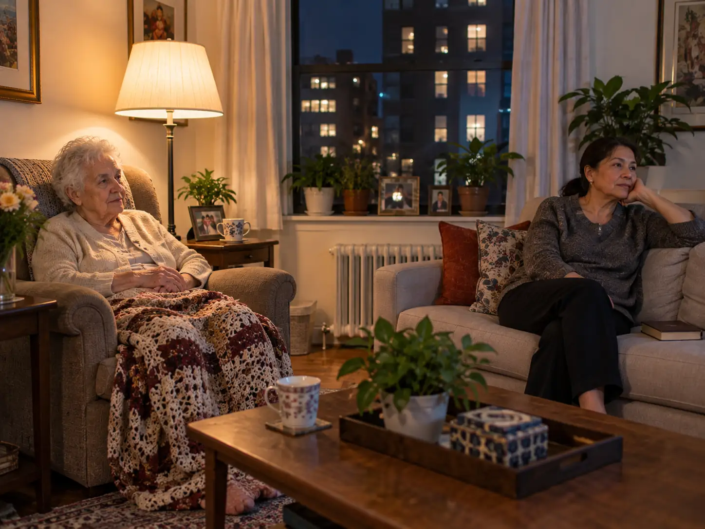 A live-in caregiver sitting with an older woman in her living room in the evening in New York City