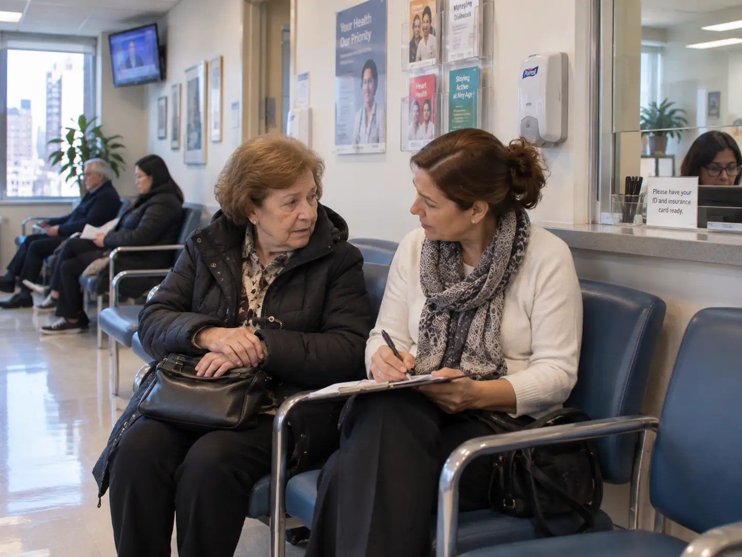 A medical escort filling out intake paperwork beside an older patient in a New York clinic waiting room