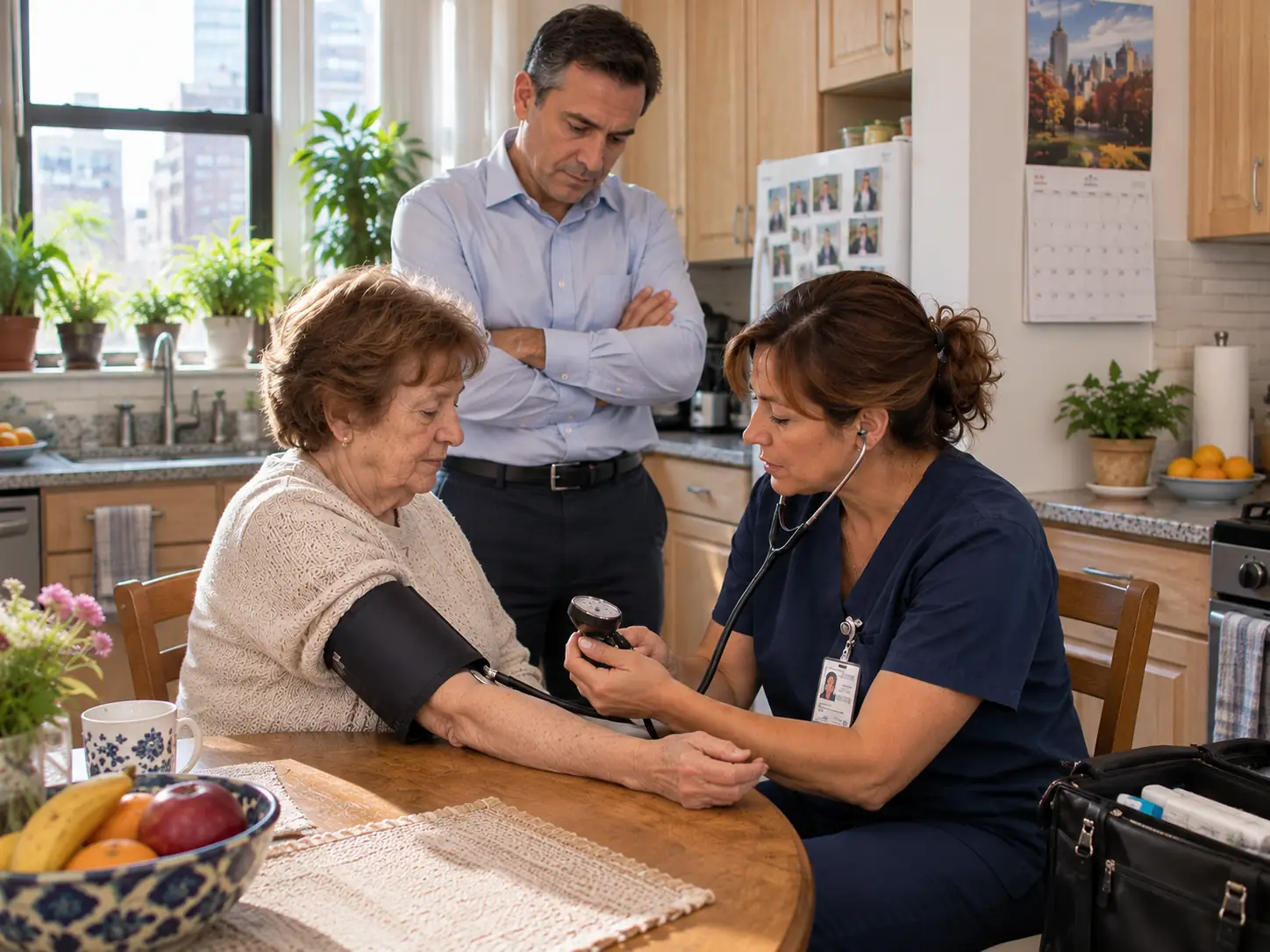 A home care nurse taking blood pressure and explaining the reading to the client's adult son in the kitchen