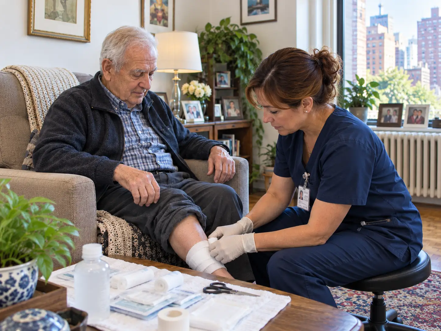 A registered nurse changing a wound dressing at a client's home in Queens with sterile supplies laid out on the table