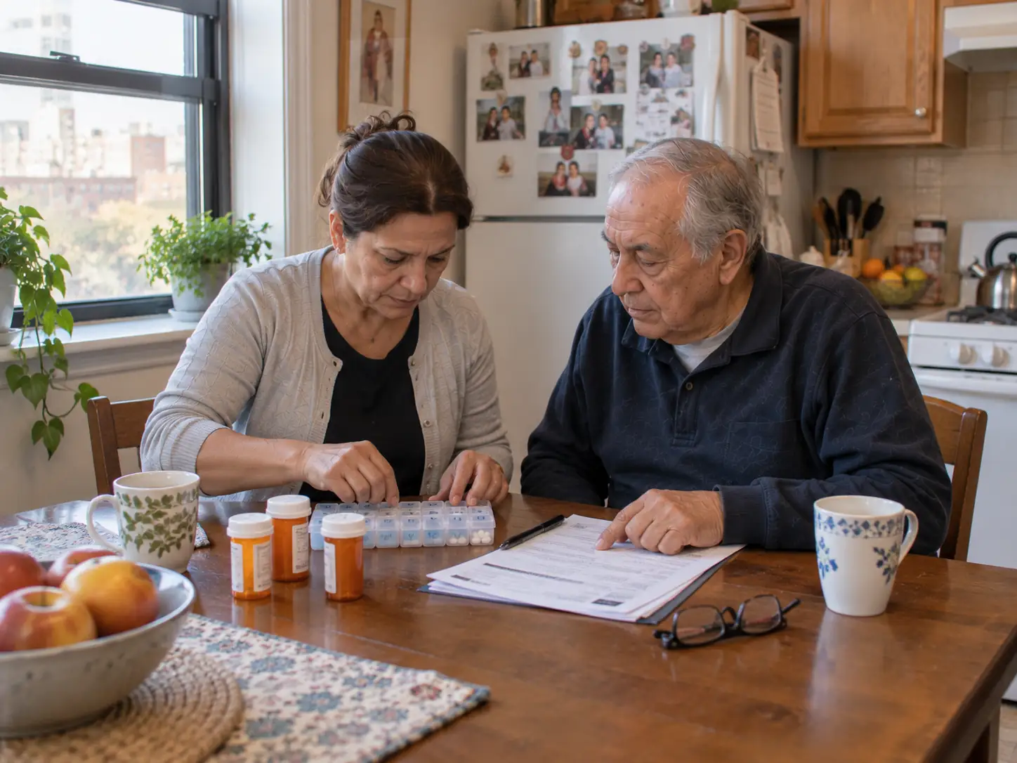 Hands sorting medication into a weekly organizer beside hospital discharge papers on a kitchen table