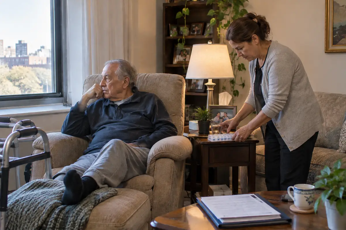 An older man in his armchair on his first evening home from surgery while a home health aide sets out his medication