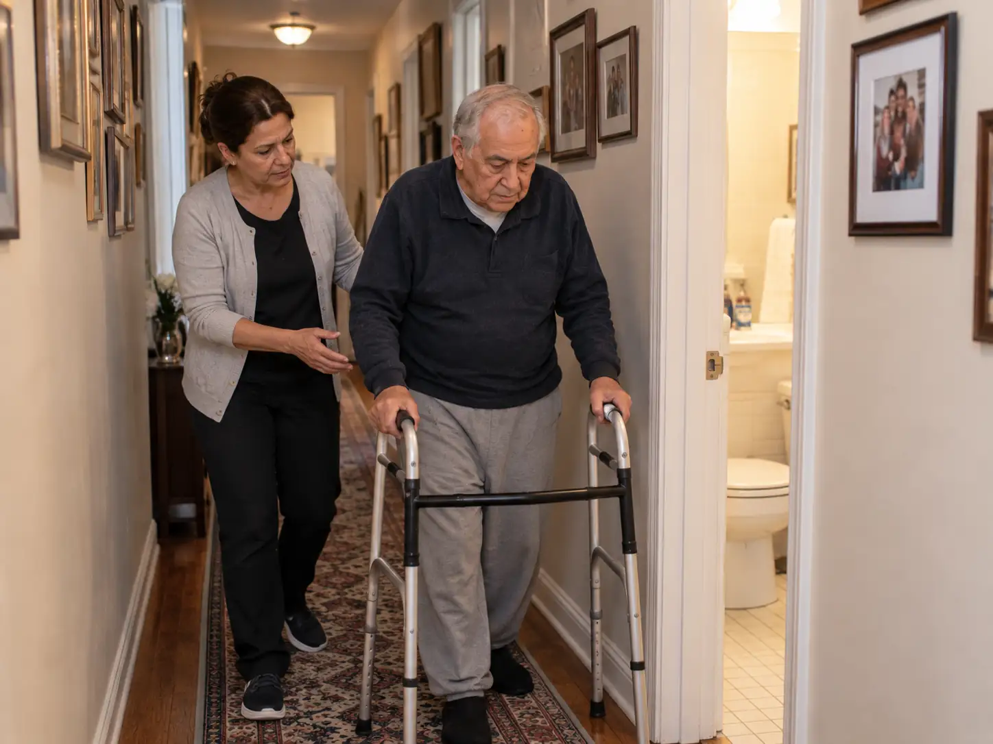 A patient recovering from surgery walking to the bathroom with a walker, an aide following half a step behind