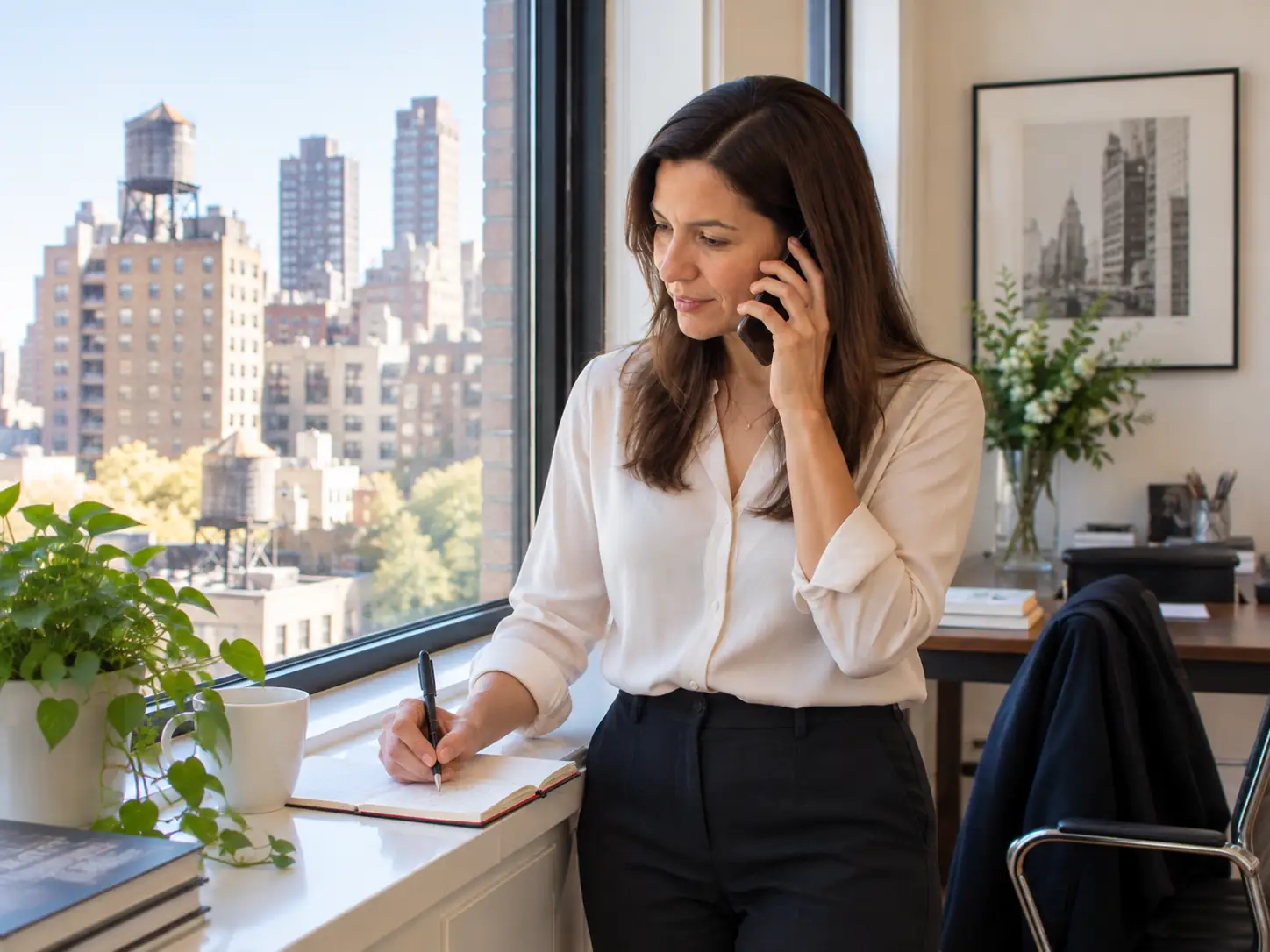 An adult daughter taking notes on the phone with her care coordinator during a workday in Manhattan