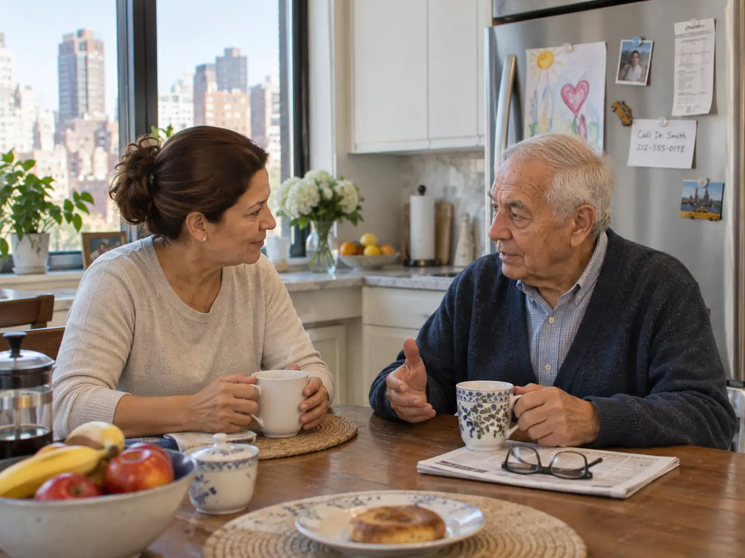 An older man and the same home health aide who has cared for him since spring, having coffee in his Queens kitchen