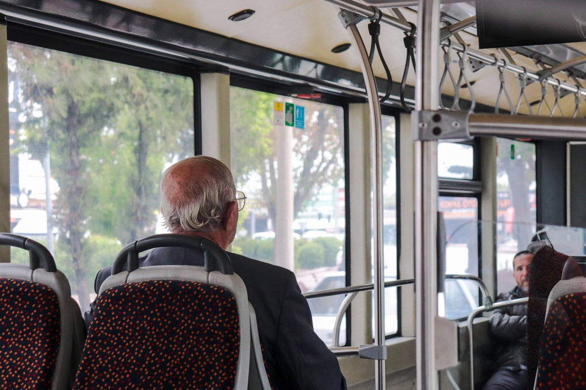 Older man seated by the window on a city bus, seen from behind